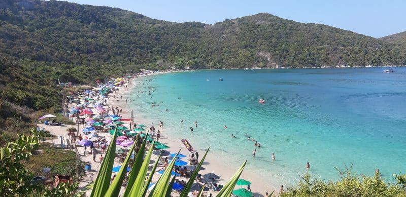 Foto panorámica de Praia do Forno, con su hermoso mar y gente en la arena